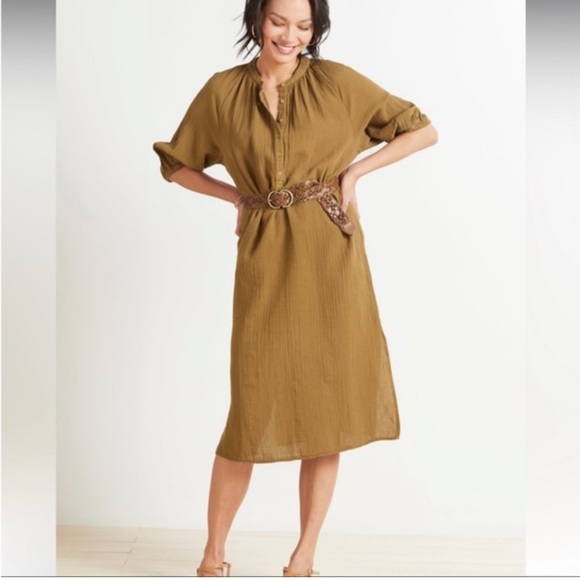 Sundry Dijon Brown Henley Loose Long Sleeve Gauze Cotton Midi Muslin Dress NWOT - Picture 2 of 13